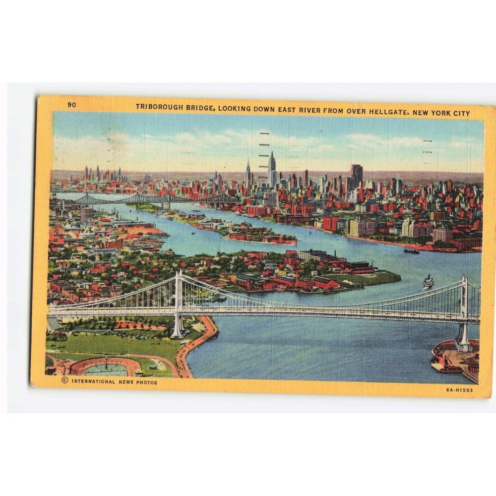 Vintage 1948 Triborough Bridge NYC East River Linen Postcard Hellgate Skyline